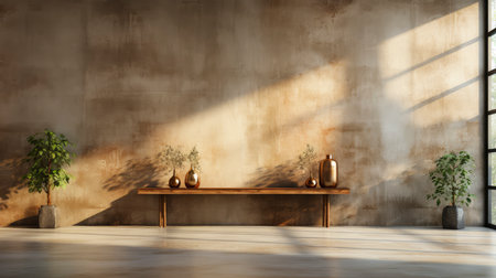 Soothing loft space with sunlit wall, potted plants, and rustic vases, showcasing a serene and minimalist ambianceの素材