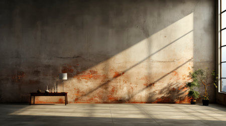 Soothing loft space with sunlit wall, potted plants, and rustic vases, showcasing a serene and minimalist ambianceの素材