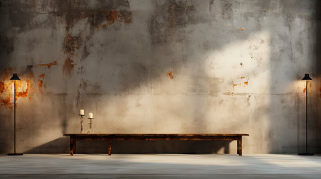 Soothing loft space with sunlit wall, potted plants, and rustic vases, showcasing a serene and minimalist ambianceの素材