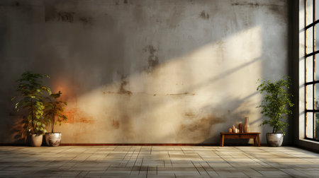 Soothing loft space with sunlit wall, potted plants, and rustic vases, showcasing a serene and minimalist ambianceの素材