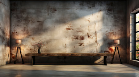 Soothing loft space with sunlit wall, potted plants, and rustic vases, showcasing a serene and minimalist ambianceの素材