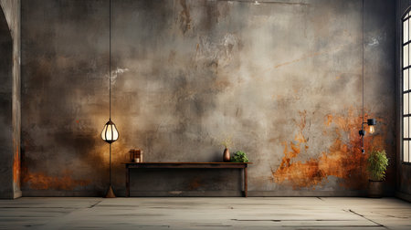 Soothing loft space with sunlit wall, potted plants, and rustic vases, showcasing a serene and minimalist ambianceの素材