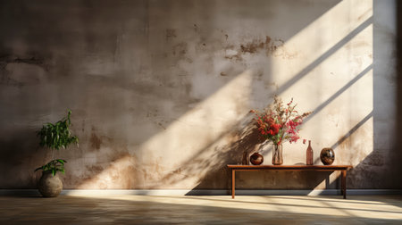 Soothing loft space with sunlit wall, potted plants, and rustic vases, showcasing a serene and minimalist ambianceの素材