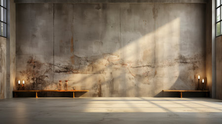 Soothing loft space with sunlit wall, potted plants, and rustic vases, showcasing a serene and minimalist ambianceの素材