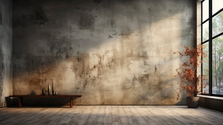 Soothing loft space with sunlit wall, potted plants, and rustic vases, showcasing a serene and minimalist ambianceの素材
