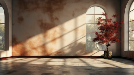 Soothing loft space with sunlit wall, potted plants, and rustic vases, showcasing a serene and minimalist ambianceの素材