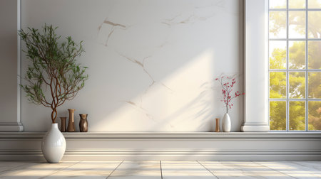 Soothing loft space with sunlit wall, potted plants, and rustic vases, showcasing a serene and minimalist ambianceの素材