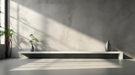 Soothing loft space with sunlit wall, potted plants, and rustic vases, showcasing a serene and minimalist ambianceの素材