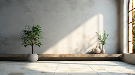 Soothing loft space with sunlit wall, potted plants, and rustic vases, showcasing a serene and minimalist ambianceの素材