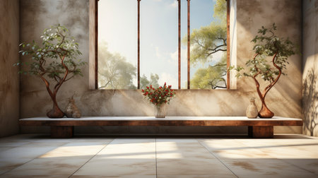 Soothing loft space with sunlit wall, potted plants, and rustic vases, showcasing a serene and minimalist ambianceの素材
