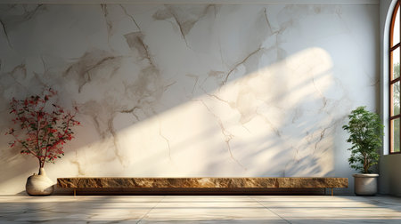 Soothing loft space with sunlit wall, potted plants, and rustic vases, showcasing a serene and minimalist ambianceの素材