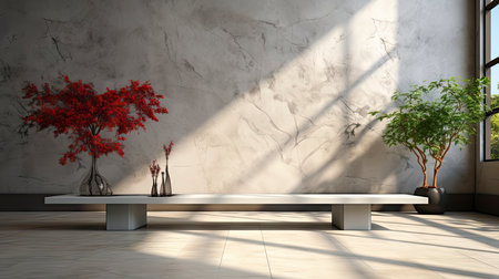 Soothing loft space with sunlit wall, potted plants, and rustic vases, showcasing a serene and minimalist ambianceの素材