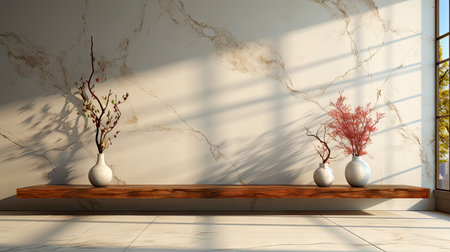 Soothing loft space with sunlit wall, potted plants, and rustic vases, showcasing a serene and minimalist ambianceの素材