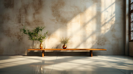 Soothing loft space with sunlit wall, potted plants, and rustic vases, showcasing a serene and minimalist ambianceの素材