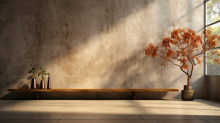 Soothing loft space with sunlit wall, potted plants, and rustic vases, showcasing a serene and minimalist ambianceの素材