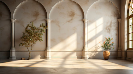 Soothing loft space with sunlit wall, potted plants, and rustic vases, showcasing a serene and minimalist ambianceの素材