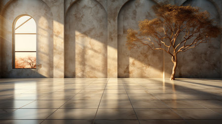 Soothing loft space with sunlit wall, potted plants, and rustic vases, showcasing a serene and minimalist ambianceの素材