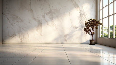 Soothing loft space with sunlit wall, potted plants, and rustic vases, showcasing a serene and minimalist ambianceの素材