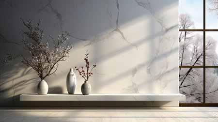 Soothing loft space with sunlit wall, potted plants, and rustic vases, showcasing a serene and minimalist ambianceの素材
