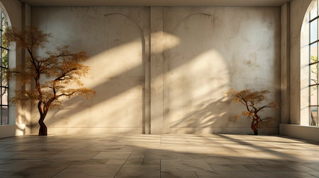 Soothing loft space with sunlit wall, potted plants, and rustic vases, showcasing a serene and minimalist ambianceの素材