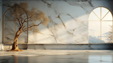 Modern cave-inspired room with panoramic window revealing vast desert landscape, blending nature and architectureの素材