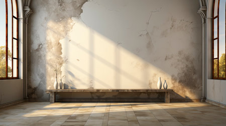 Modern cave-inspired room with panoramic window revealing vast desert landscape, blending nature and architectureの素材