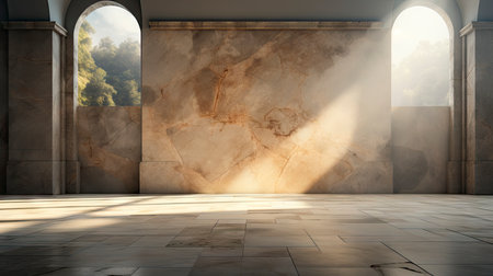 Modern cave-inspired room with panoramic window revealing vast desert landscape, blending nature and architectureの素材