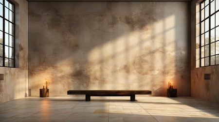 Modern cave-inspired room with panoramic window revealing vast desert landscape, blending nature and architectureの素材