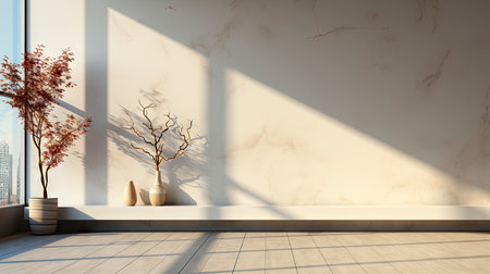 Modern cave-inspired room with panoramic window revealing vast desert landscape, blending nature and architectureの素材