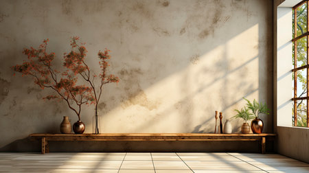 Modern cave-inspired room with panoramic window revealing vast desert landscape, blending nature and architectureの素材