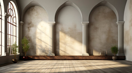 Modern cave-inspired room with panoramic window revealing vast desert landscape, blending nature and architectureの素材