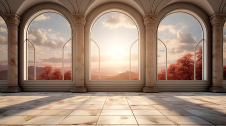 Modern cave-inspired room with panoramic window revealing vast desert landscape, blending nature and architectureの素材