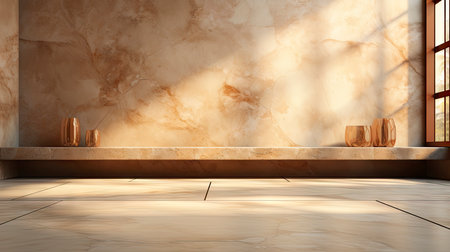 Modern cave-inspired room with panoramic window revealing vast desert landscape, blending nature and architectureの素材