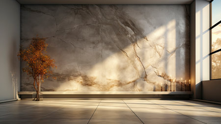 Modern cave-inspired room with panoramic window revealing vast desert landscape, blending nature and architectureの素材