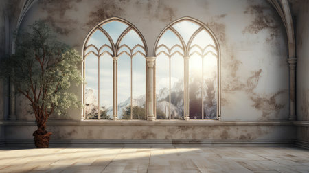 Modern cave-inspired room with panoramic window revealing vast desert landscape, blending nature and architectureの素材