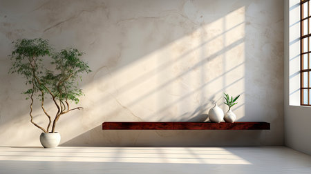 Modern cave-inspired room with panoramic window revealing vast desert landscape, blending nature and architectureの素材