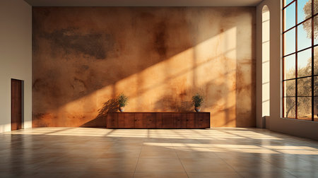 Modern cave-inspired room with panoramic window revealing vast desert landscape, blending nature and architectureの素材