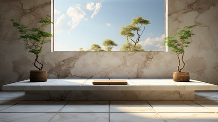 Modern cave-inspired room with panoramic window revealing vast desert landscape, blending nature and architectureの素材