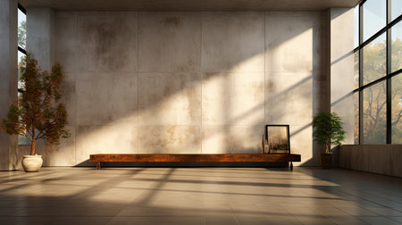 Sunlit room with arched window, showcasing nature view, wooden bench, potted plant, and rustic vasesの素材