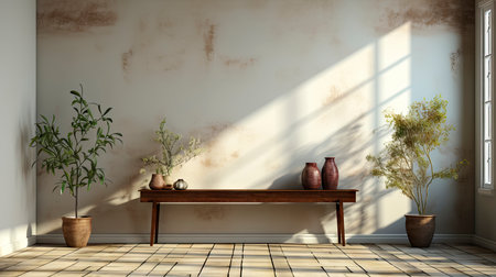 Sunlit room with arched window, showcasing nature view, wooden bench, potted plant, and rustic vasesの素材