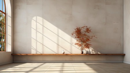 Sunlit room with arched window, showcasing nature view, wooden bench, potted plant, and rustic vasesの素材