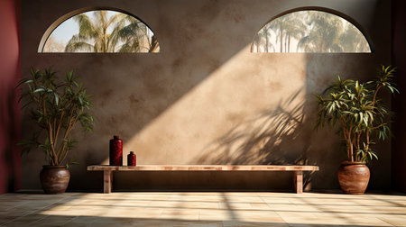 Sunlit room with arched window, showcasing nature view, wooden bench, potted plant, and rustic vasesの素材