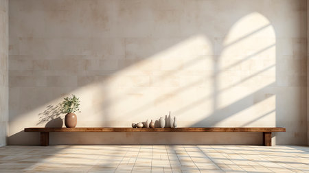 Sunlit room with arched window, showcasing nature view, wooden bench, potted plant, and rustic vasesの素材
