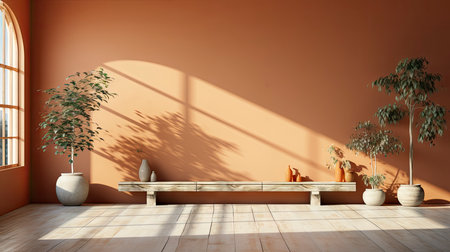 Sunlit room with arched window, showcasing nature view, wooden bench, potted plant, and rustic vasesの素材