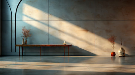 Sunlit room with arched window, showcasing nature view, wooden bench, potted plant, and rustic vasesの素材