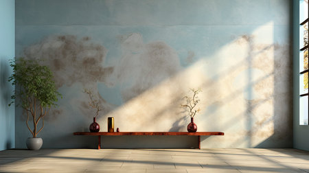 Sunlit room with arched window, showcasing nature view, wooden bench, potted plant, and rustic vasesの素材