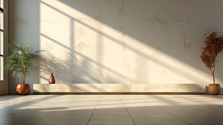 Sunlit room with arched window, showcasing nature view, wooden bench, potted plant, and rustic vasesの素材