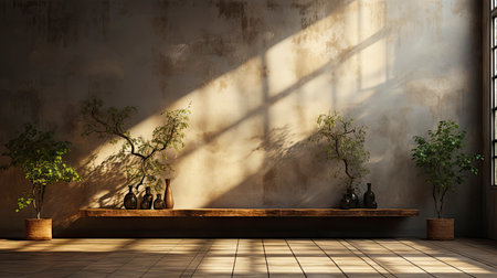 Sunlit room with arched window, showcasing nature view, wooden bench, potted plant, and rustic vasesの素材