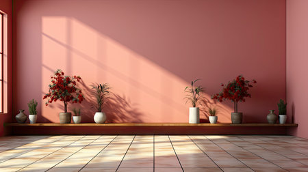 Sunlit room with arched window, showcasing nature view, wooden bench, potted plant, and rustic vasesの素材