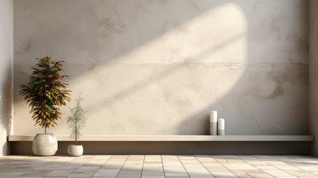 Sunlit room with arched window, showcasing nature view, wooden bench, potted plant, and rustic vasesの素材